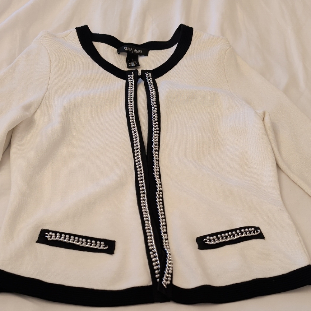 White House Black Market Monochrome Knit cardigan with chain and pearl detail.